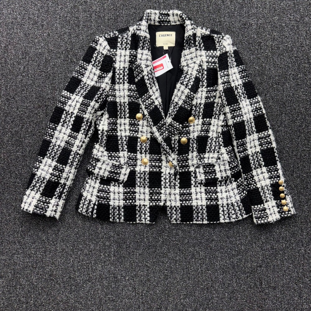 L'AGENCE Kenzie Double Breasted Tweed Blazer Women 10 Black White NEW